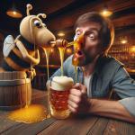 DALL·E 2023-12-24 13.24.08 - A whimsical and surreal scene where honey is flowing out of a person nose while they are drinking beer. The person is sitting at a rustic wooden bar.png